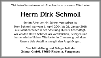 Traueranzeige von Dirk Schmoll von Allgäuer Zeitung