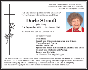 Traueranzeige von Dorle Strauß von Allgäuer Anzeigeblatt