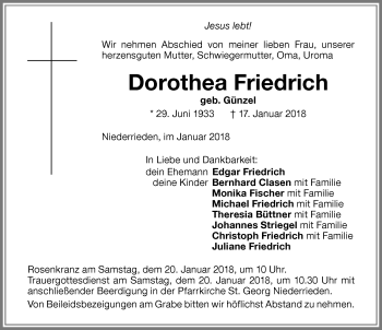 Traueranzeige von Dorothea Friedrich von Allgäuer Zeitung