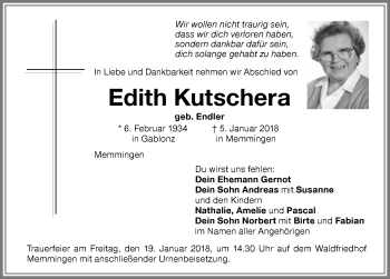 Traueranzeige von Edith Kutschera von Memminger Zeitung