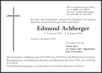 Traueranzeige von Edmund Achberger von Der Westallgäuer