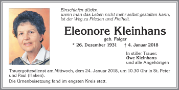 Traueranzeige von Eleonore Kleinhans von Allgäuer Zeitung, Kaufbeuren/Buchloe