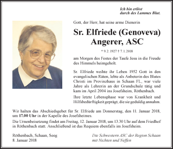 Traueranzeige von Elfriede Angerer von Der Westallgäuer