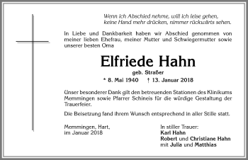 Traueranzeige von Elfriede Hahn von Memminger Zeitung