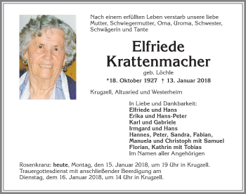 Traueranzeige von Elfriede Krattenmacher von Allgäuer Zeitung,Kempten