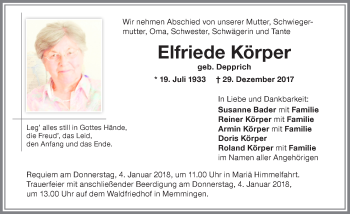 Traueranzeige von Elfriede Körper von Memminger Zeitung