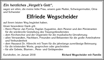 Traueranzeige von Elfriede Wegscheider von Allgäuer Zeitung, Kaufbeuren/Buchloe