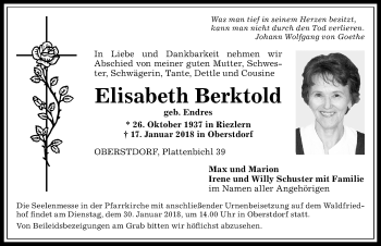 Traueranzeige von Elisabeth Berktold von Allgäuer Anzeigeblatt