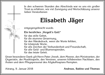 Traueranzeige von Elisabeth Jäger von Allgäuer Zeitung, Marktoberdorf