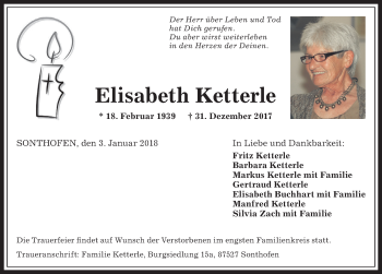 Traueranzeige von Elisabeth Ketterle von Allgäuer Anzeigeblatt