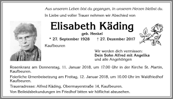 Traueranzeige von Elisabeth Käding von Allgäuer Zeitung, Kaufbeuren/Buchloe