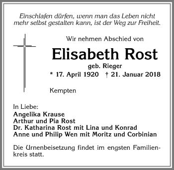 Traueranzeige von Elisabeth Rost von Allgäuer Zeitung,Kempten