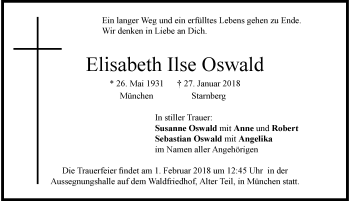 Traueranzeige von Elisabeth Ilse Oswald von Allgäuer Zeitung,Kempten