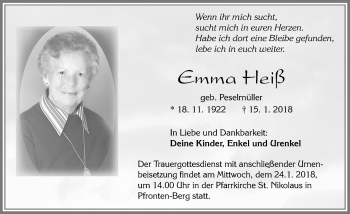 Traueranzeige von Emma Heiß von Allgäuer Zeitung, Füssen