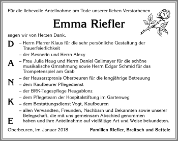 Traueranzeige von Emma Riefler von Allgäuer Zeitung, Kaufbeuren/Buchloe