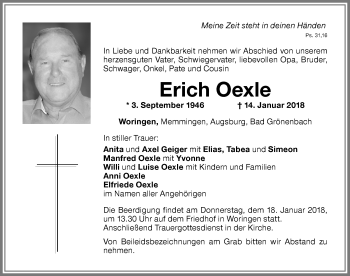 Traueranzeige von Erich Oexle von Memminger Zeitung