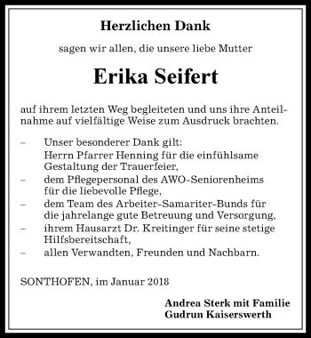 Traueranzeige von Erika Seifert von Allgäuer Anzeigeblatt