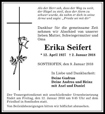 Traueranzeige von Erika Seifert von Allgäuer Anzeigeblatt
