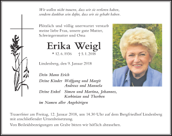 Traueranzeige von Erika Weigl von Der Westallgäuer