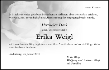 Traueranzeige von Erika Weigl von Der Westallgäuer