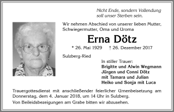 Traueranzeige von Erna Dötz von Allgäuer Zeitung,Kempten