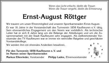 Traueranzeige von Ernst-August Röttger von Allgäuer Zeitung, Kaufbeuren/Buchloe