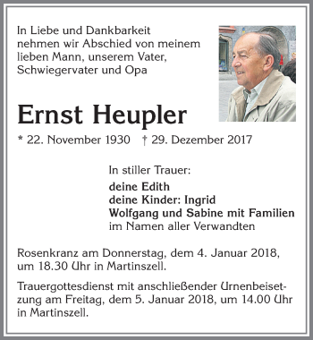 Traueranzeige von Ernst Heupler von Allgäuer Zeitung,Kempten