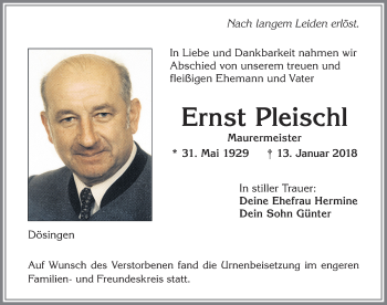 Traueranzeige von Ernst Pleischl von Allgäuer Zeitung, Kaufbeuren/Buchloe