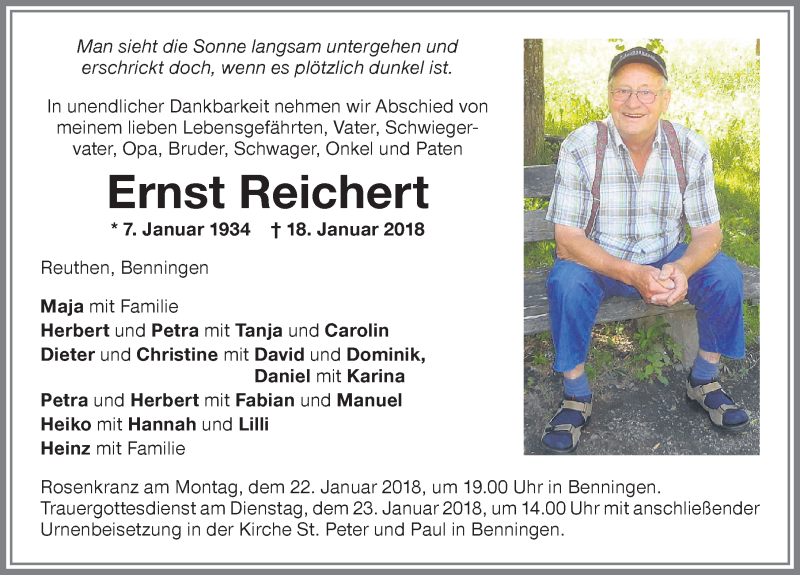  Traueranzeige für Ernst Reichert vom 20.01.2018 aus Memminger Zeitung