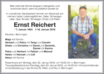 Traueranzeige von Ernst Reichert von Memminger Zeitung