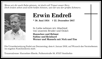 Traueranzeige von Erwin Endreß von Allgäuer Anzeigeblatt