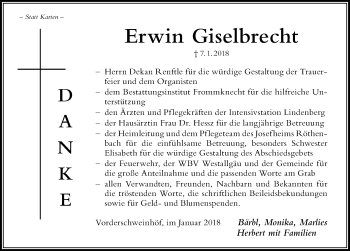Traueranzeige von Erwin Giselbrecht von Der Westallgäuer