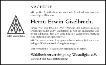 Traueranzeige von Erwin Giselbrecht von Der Westallgäuer