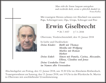 Traueranzeige von Erwin Giselbrecht von Der Westallgäuer