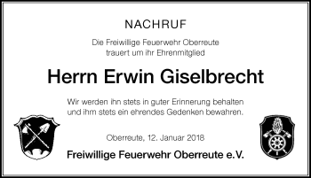 Traueranzeige von Erwin Giselbrecht von Der Westallgäuer