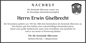 Traueranzeige von Erwin Giselbrecht von Der Westallgäuer