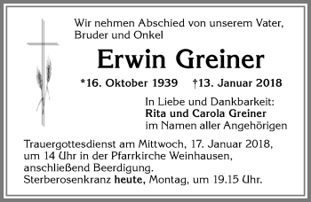 Traueranzeige von Erwin Greiner von Allgäuer Zeitung, Kaufbeuren/Buchloe