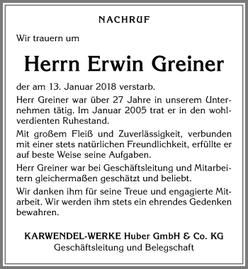 Traueranzeige von Erwin Greiner von Allgäuer Zeitung, Kaufbeuren/Buchloe