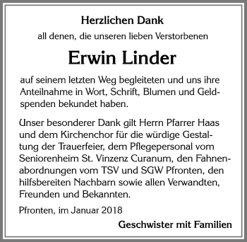 Traueranzeige von Erwin Linder von Allgäuer Zeitung, Füssen