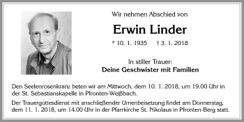 Traueranzeige von Erwin Linder von Allgäuer Zeitung, Füssen