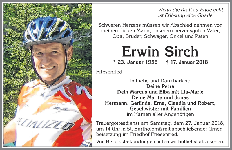  Traueranzeige für Erwin Sirch vom 25.01.2018 aus Allgäuer Zeitung, Kaufbeuren/Buchloe