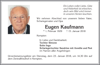 Traueranzeige von Eugen Kaufmann von Allgäuer Zeitung,Kempten