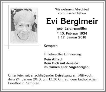 Traueranzeige von Evi Berglmeir von Allgäuer Zeitung,Kempten