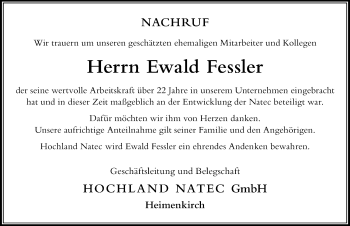 Traueranzeige von Ewald Fessler von Der Westallgäuer