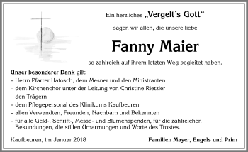 Traueranzeige von Fanny Maier von Allgäuer Zeitung, Kaufbeuren/Buchloe