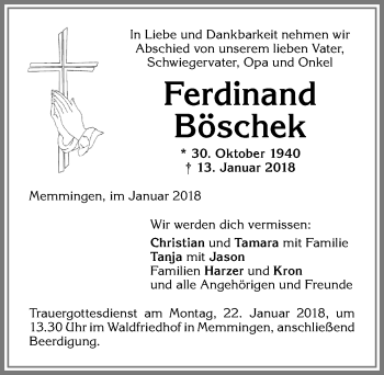 Traueranzeige von Ferdinand Böschek von Memminger Zeitung