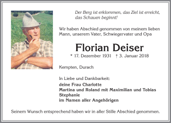 Traueranzeige von Florian Deiser von Allgäuer Zeitung,Kempten