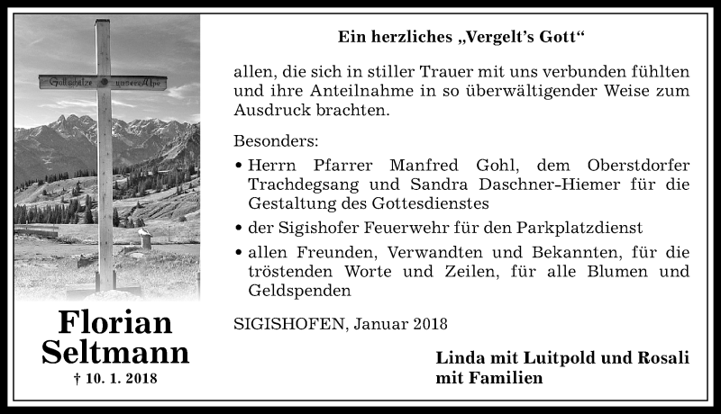  Traueranzeige für Florian Seltmann vom 31.01.2018 aus Allgäuer Anzeigeblatt