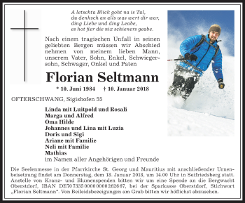 Traueranzeige von Florian Seltmann von Allgäuer Anzeigeblatt