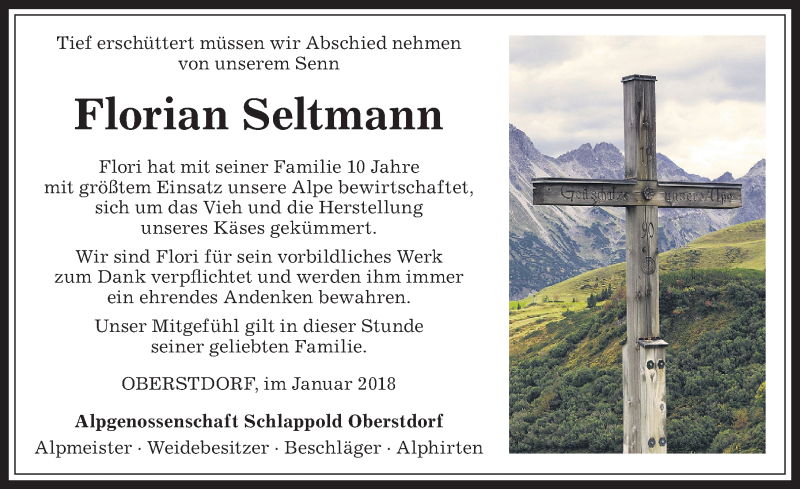  Traueranzeige für Florian Seltmann vom 16.01.2018 aus Allgäuer Anzeigeblatt